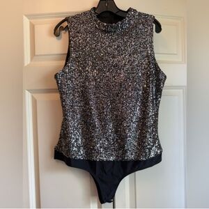 Pink Lily Glittering Black Sequin Bodysuit